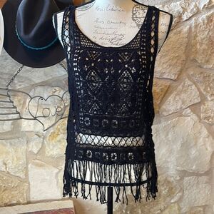 Boho Black Crocheted Top, Size S